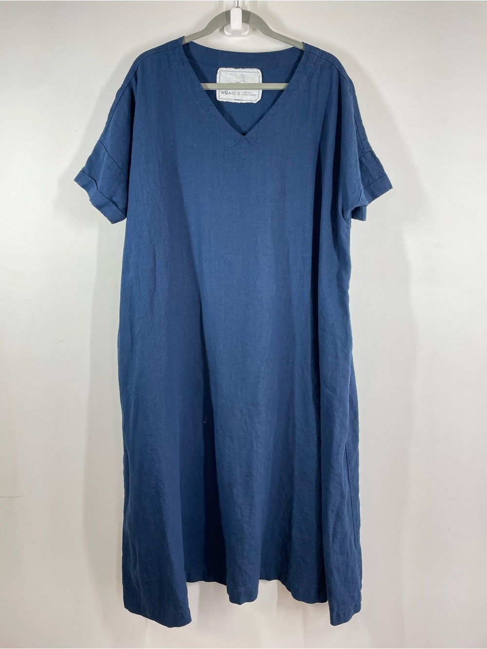 Not Perfect Linen Midi Dress Blue One Size Lagenlook Coastal Boho Oversized Fit